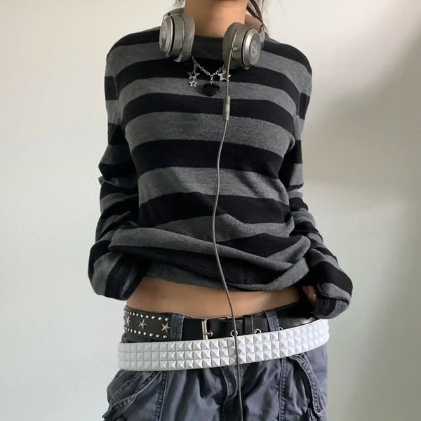 Cocoa Yacht Club Grey Striped Long Sleeve Top