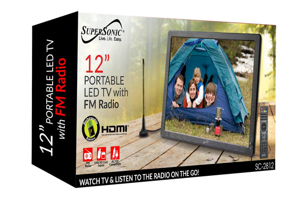 Supersonic 12" Portable Digital LED TV with USB & SD Inputs, 12 Volt ACDC Compatible for RVs (SC-2812)