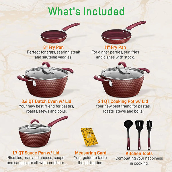Cocoa Yacht Club 11 Piece Nonstick Diamond Kitchen Cookware Pot & Pan Set, Purple