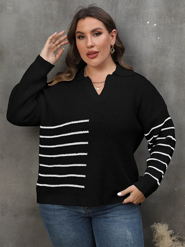 Plus Size Drop Shoulder Striped Knitted Pullover Sweater
