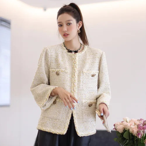 High Quality Women's Elegant Slim Fit Wool Jacket Tweed Inlaid Lurex Loose Long Sleeved Coat Blazer Vintage Outwear