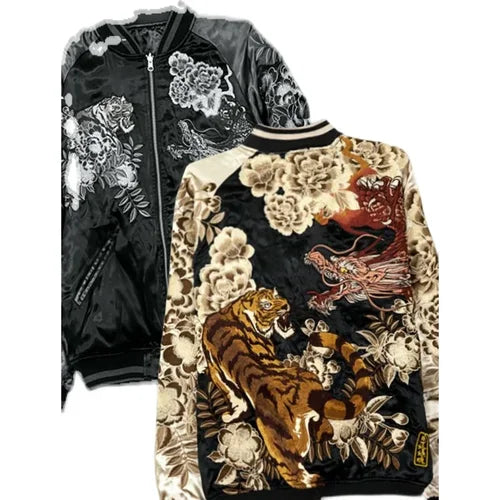 Men's Yokosuka Embroidered Double-Sided Flying Jackets Casual Dragon Tiger Peony Blossom 2023 Spring and Autumn Baseball Jacket