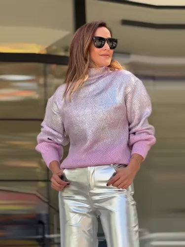 Shiny Metallic Gradient Knitted Sweater For Women Elegant Turtleneck Long Sleeves Loose Pullover Autumn Lady Commuting Knitwear