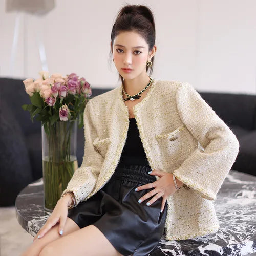 High Quality Women's Elegant Slim Fit Wool Jacket Tweed Inlaid Lurex Loose Long Sleeved Coat Blazer Vintage Outwear