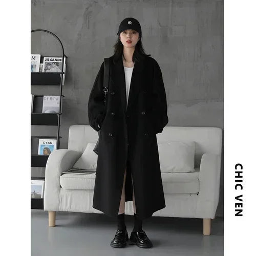 CHIC VEN Women Long Double-sided Woolen Coats Retro Loose Female Overcoat Double Breasted Ladies Windbreak Autumn Winter 2023