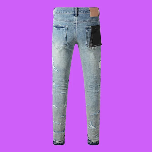 Purple ROCA Jeans brand Black Resin Knee Slit Low Rise Skinny Men Jeans American High Street New Fashion Trend Jeans Man pants