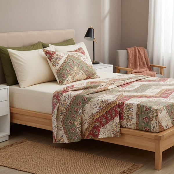 Botanical Cranberry Sage Chevron Floral Flat Bed Sheet w/ Pillowcases (JHW-924-Flat)