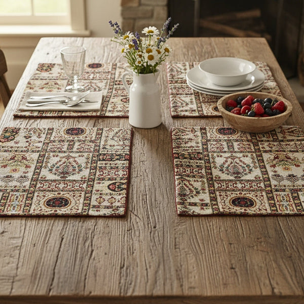 4-Pieces Light White Mughal Floral Botanical Cottage Fleur Tapestry Placemats 13” x 19” (18196)
