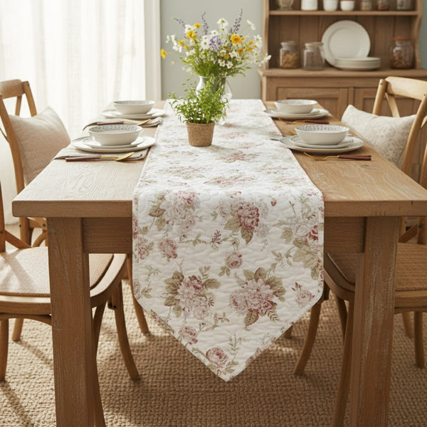 Hint of Mint Cottage Floral Roses Quilted Cotton Dining Table Runner (3036)