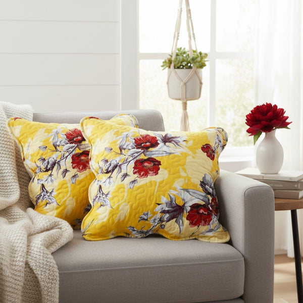 2 Sunshine Yellow Hummingbirds Floral Scalloped Throw Pillow Covers, 18" (JHW925)