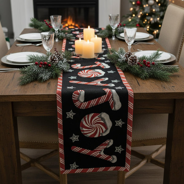 Peppermint Joy Red Black Holiday Tapestry Dining Table Runner