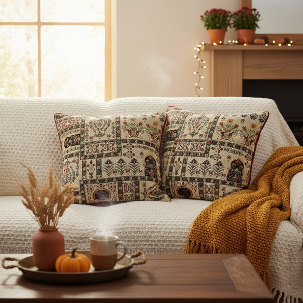 Light White Mughal Floral Botanical Cottage Fleur Tapestry Throw Pillow Covers 16" (18196)