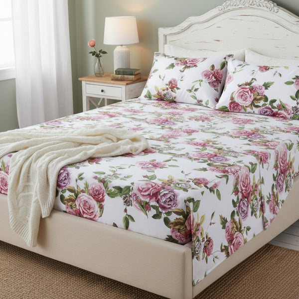 Romantic Roses Lovely Spring Pink Floral Garden Fitted & Flat Bed Sheet Set w/ Pillow Cases (JHW879)