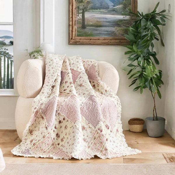 Cotton Patchwork Throw Blanket - Floral Cottage Quilted Reversible Blush Pink & Cream Shabby Chic Botanical Ruffle Design - Vintage Garden Rose Pastel Accents (3031)- 50 x 60