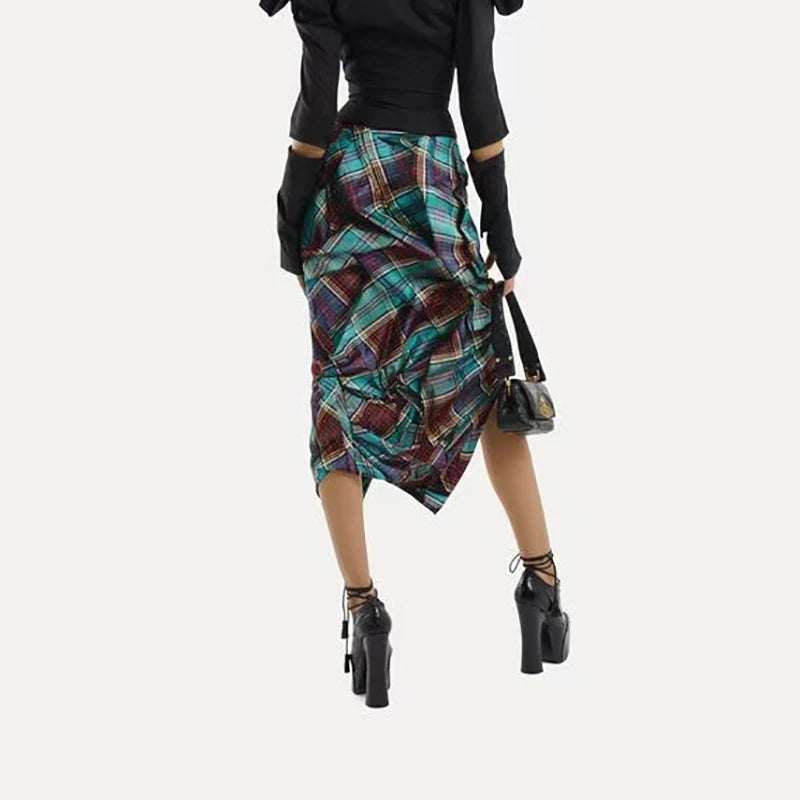 Cocoa Yacht Club Plaid Double Layer Irregular Half-body Skirt