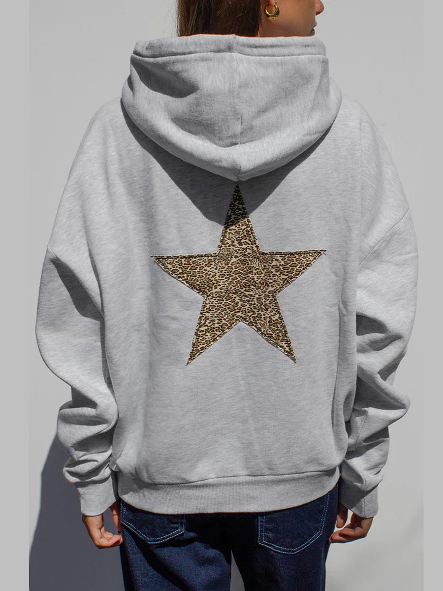 Cocoa Yacht Club Casual Leopard Star Hooded Sweatshirt with Front Pocket