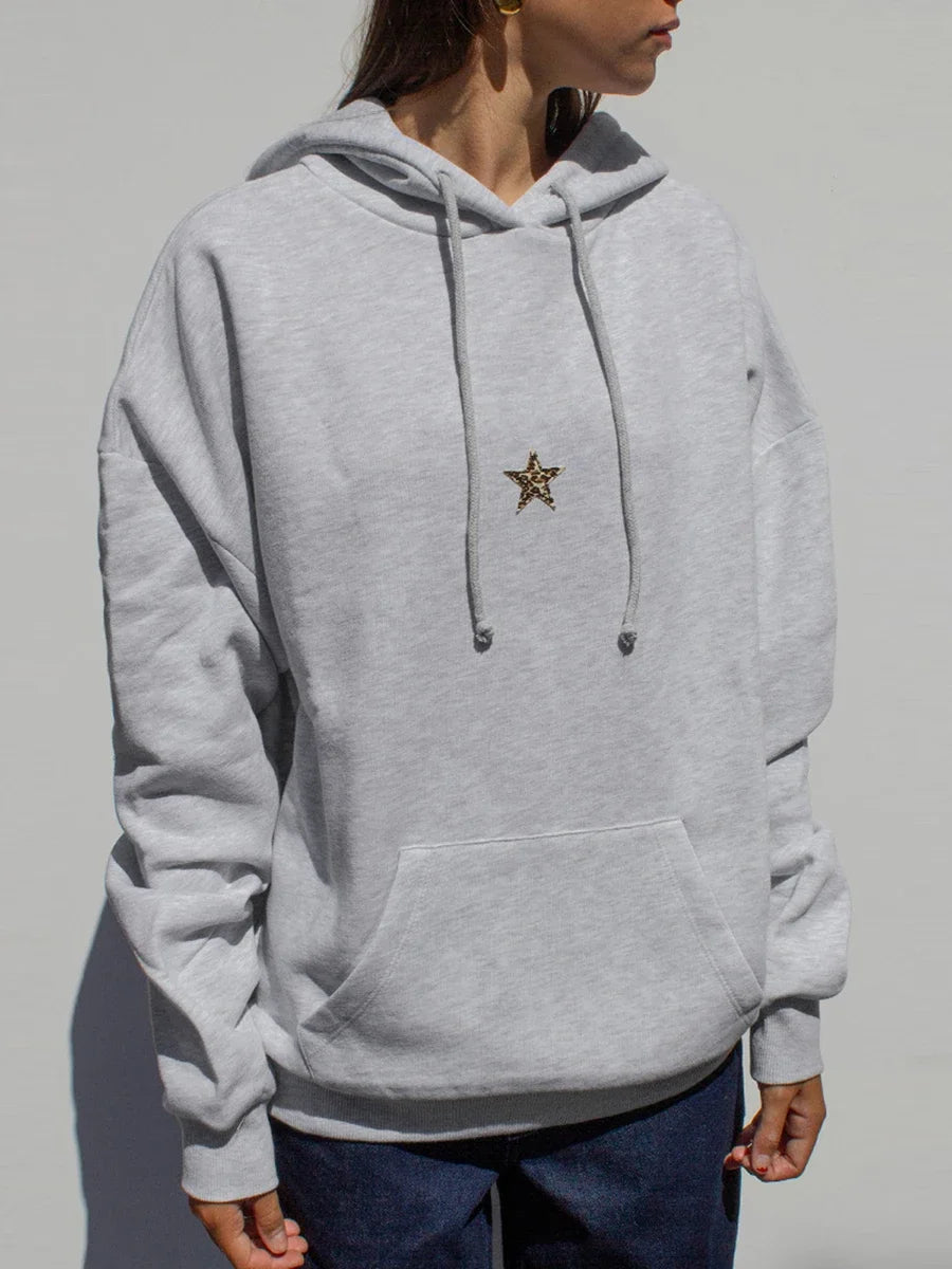 Cocoa Yacht Club Casual Leopard Star Hooded Sweatshirt with Front Pocket