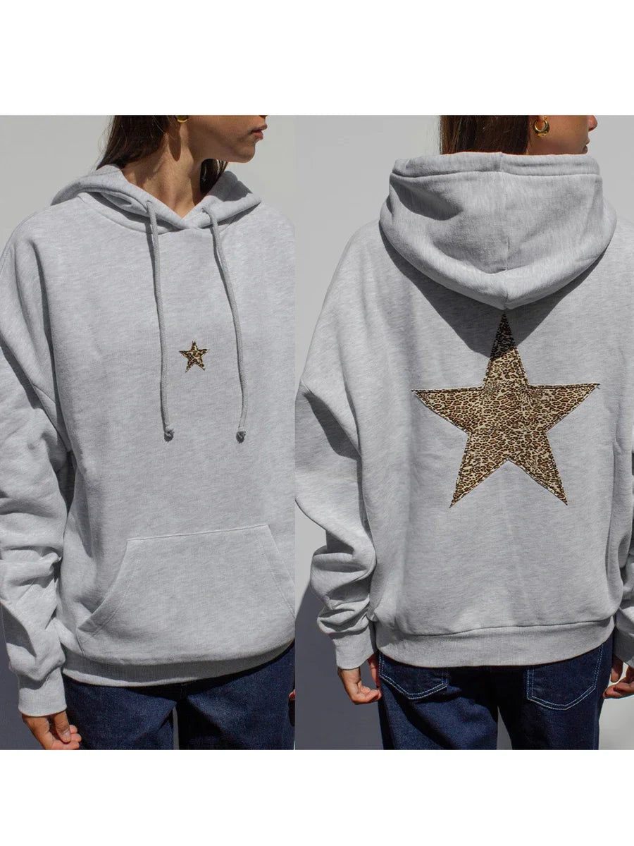 Cocoa Yacht Club Casual Leopard Star Hooded Sweatshirt with Front Pocket