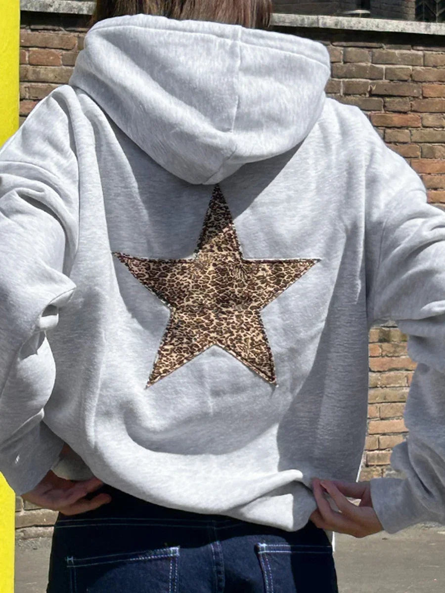 Cocoa Yacht Club Casual Leopard Star Hooded Sweatshirt with Front Pocket