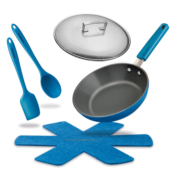 Ceramic Nonstick Stovetop Oven Frypan & Skillet & Stainless Steel Lid Set, Azure Color 9.5"(24cm)