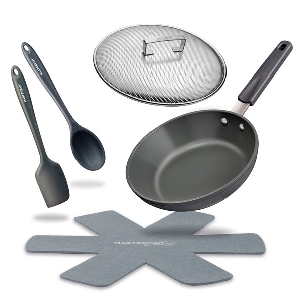 Ceramic Nonstick Stovetop Oven Frypan & Skillet with Stainless Steel Lid & Utensils, Grey 9.5" (24cm)