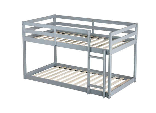 Solid Wooden , Solid Rubber Wooden Twin over Twin Floor Bunk Bed with Ladder ,Upper and Bottom Bed Platforms crafted with Strengthened Slats ,Grey