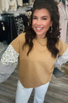 Camel Floral Striped Patchwork Ruffled Sleeve Crew Neck Sweatshirt