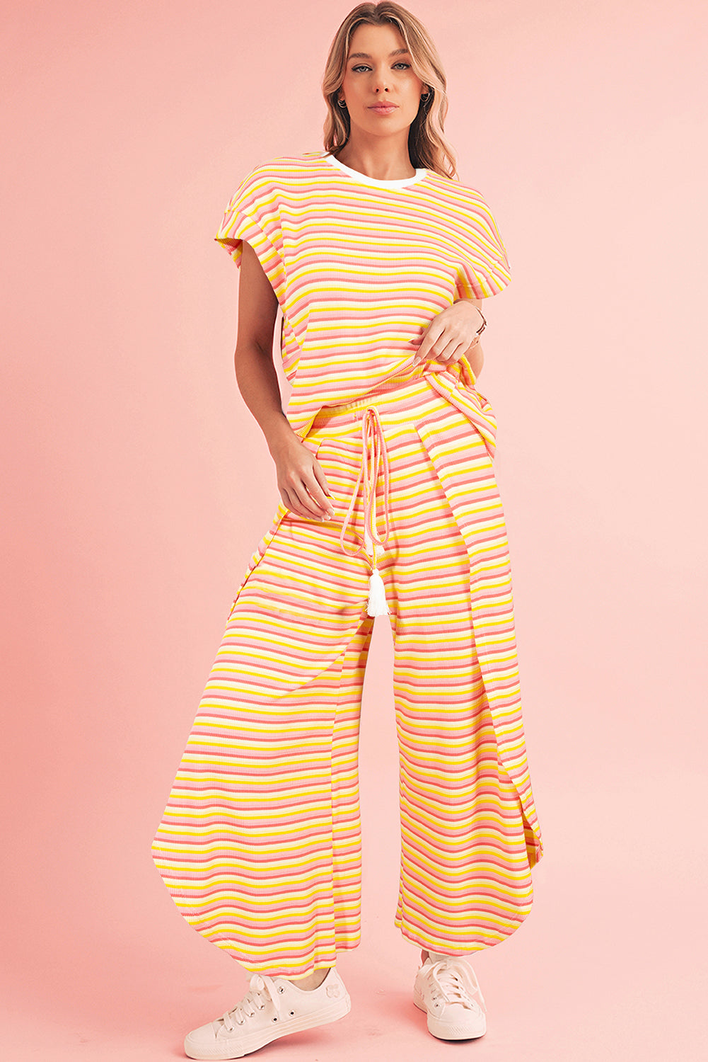 Pink Stripe Rainbow Tee and Tassel Drawstring Wide Leg Pants Set