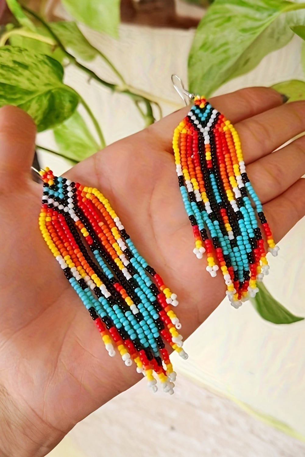 White Boho Colorful Beaded Tassel Earrings