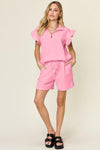 Double Take Full Size Texture Flounce Sleeve Top and Drawstring Shorts Set