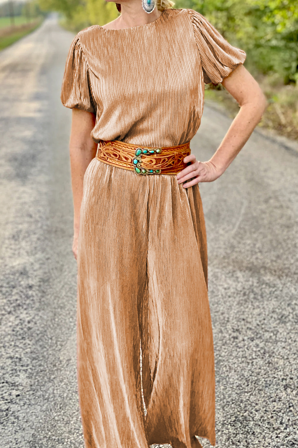 Clay Ribbed Short Puff Sleeve Top and Wide Leg Pants Set