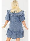 Dusk Blue Ruffle Collar Side Pockets Puff Sleeve Denim Mini Dress