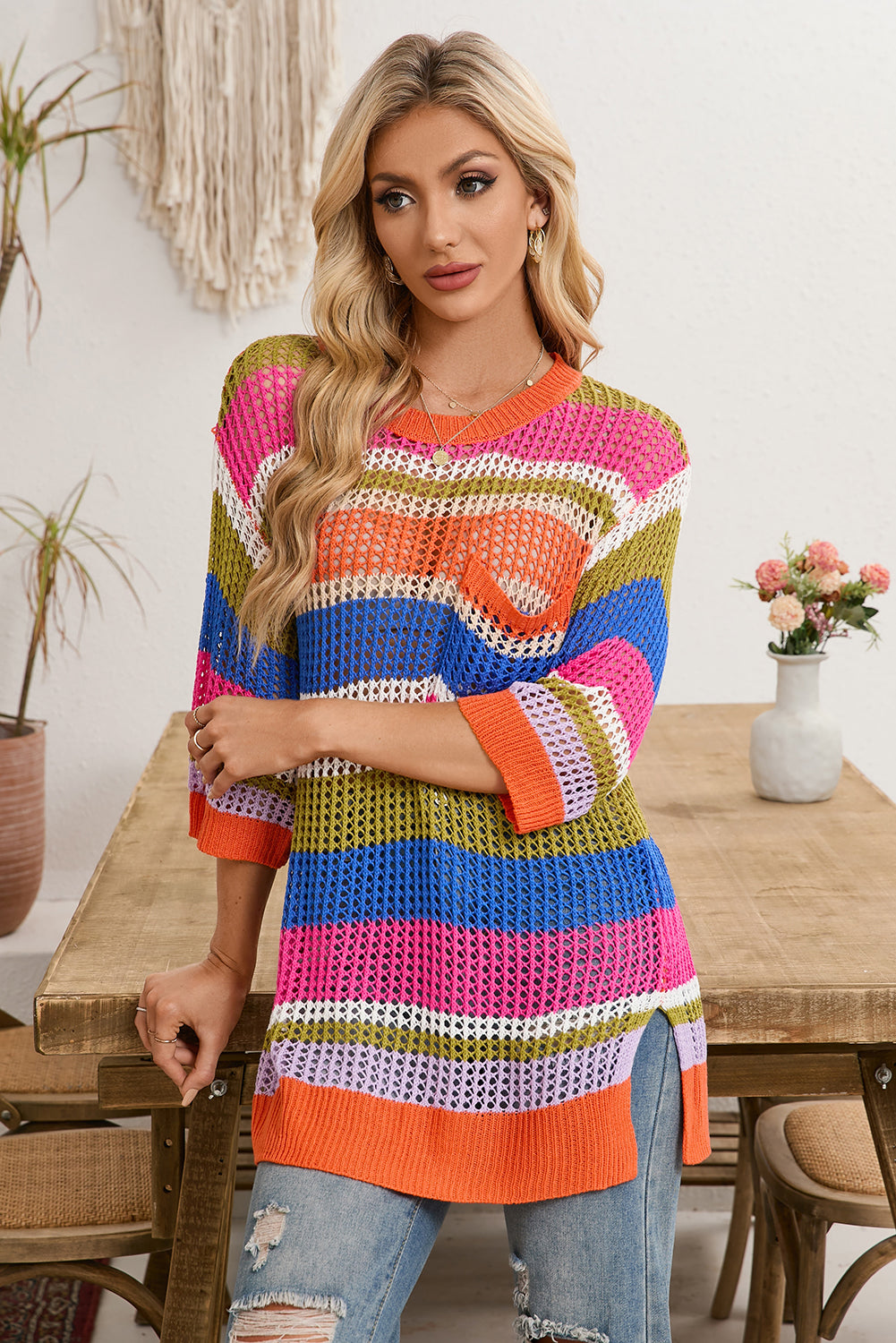 Pink Striped Color Block Hollow Crochet 3/4 Sleeve T Shirt