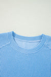 Blue Solid Corded Short Sleeve T Shirt and Wide Leg Pants Set