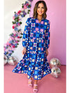 Blue Floral Peasant Sleeve Tiered Ruffle Midi Dress