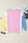 Bonbon Color Block Exposed Seam Patchwork Side Slits Sweatshirt