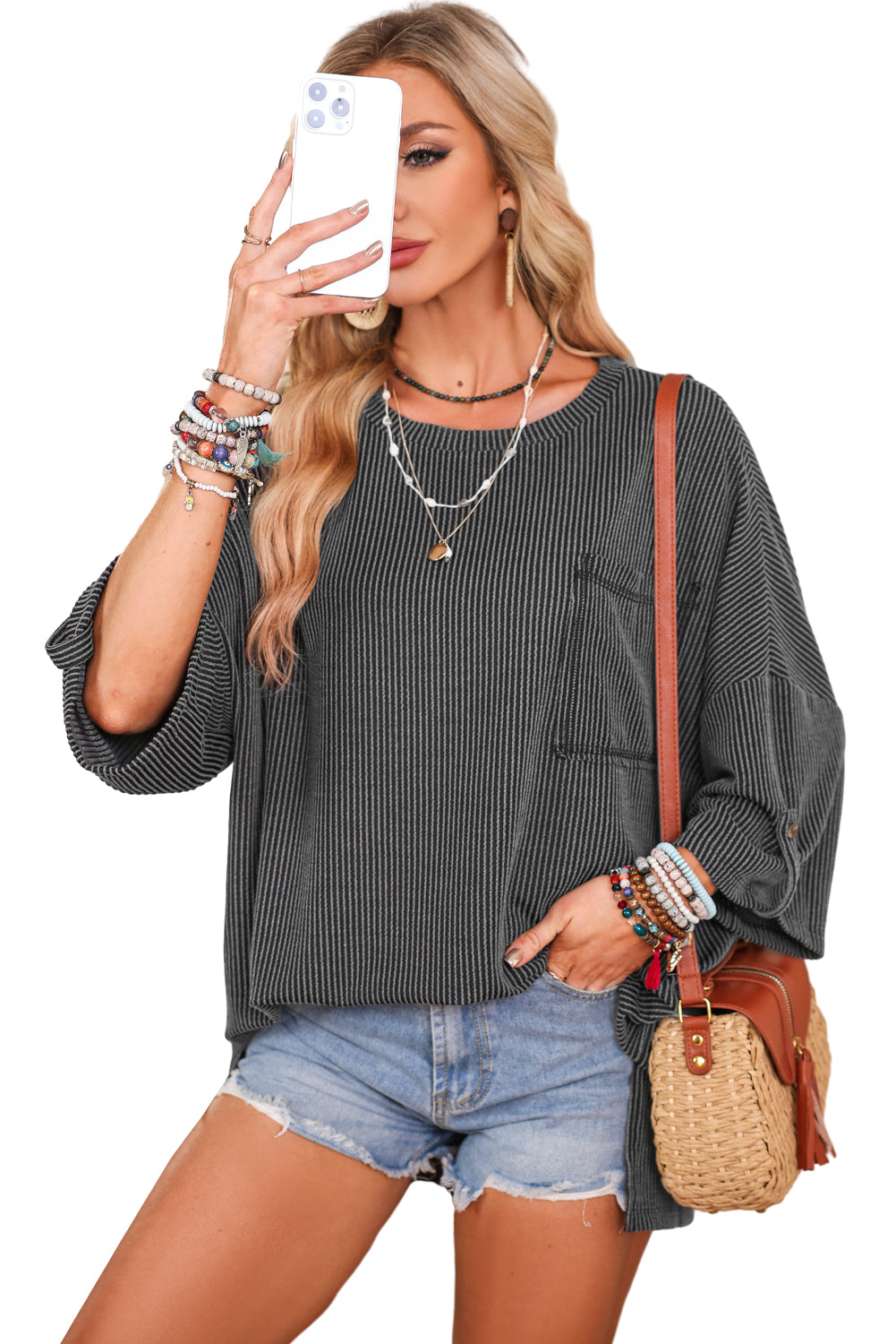 Gray Ribbed Roll-tab Sleeve Chest Pocket Oversize Top