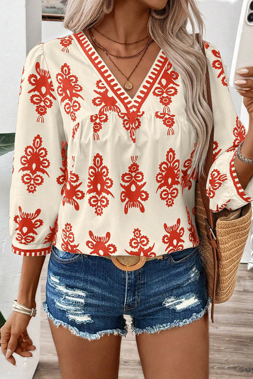 Beige Ethnic Abstract Print Puff Sleeve V Neck Blouse