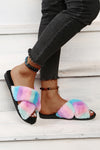 Pink Rainbow Striped Plush Cross Straps Slippers