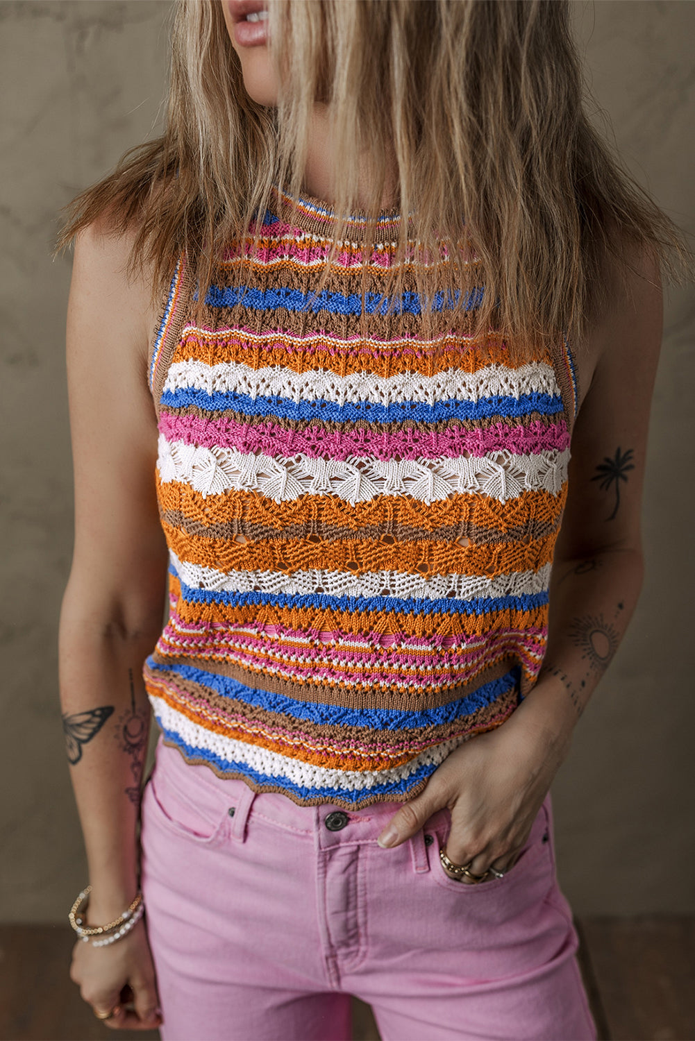 Dark Blue Striped Textured Knit Crew Neck Sweater Vest