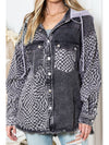 Gray Checked Patchwork Raw Hem Hooded Denim Jacket