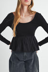 Black Pleated Hem Long Sleeve Ribbed Knit Top