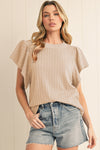 Beige Solid Color Textured Ruffle Short Sleeve Knit Top