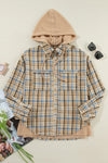 Drawstring Plaid Button Up Hooded Shacket - Cocoa Yacht Club