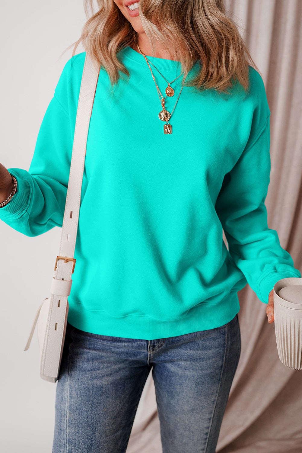 Black Solid Color Drop Shoulder Terry Sweatshirt