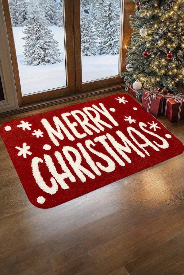 Fiery Red MERRY CHRISTMAS Plush Entrance Mat