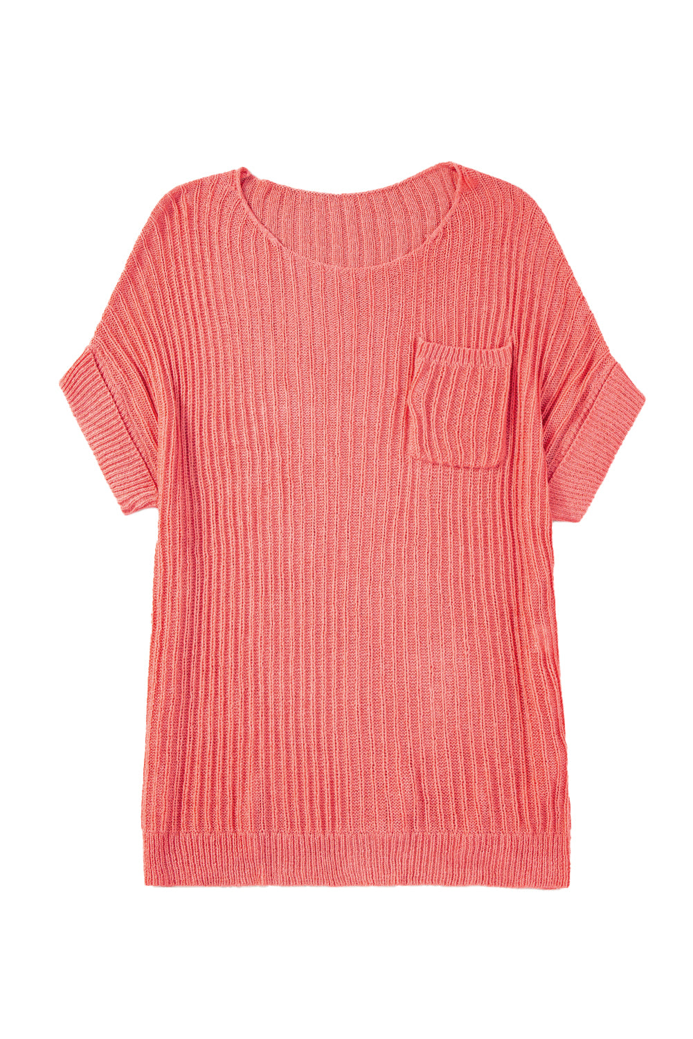 Fresh Salmon Short Sleeve Patched Pocket Split Baggy Knit Top