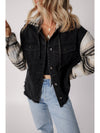 Black Patchwork Plaid Sleeve Frayed Hem Hooded Denim Jacket