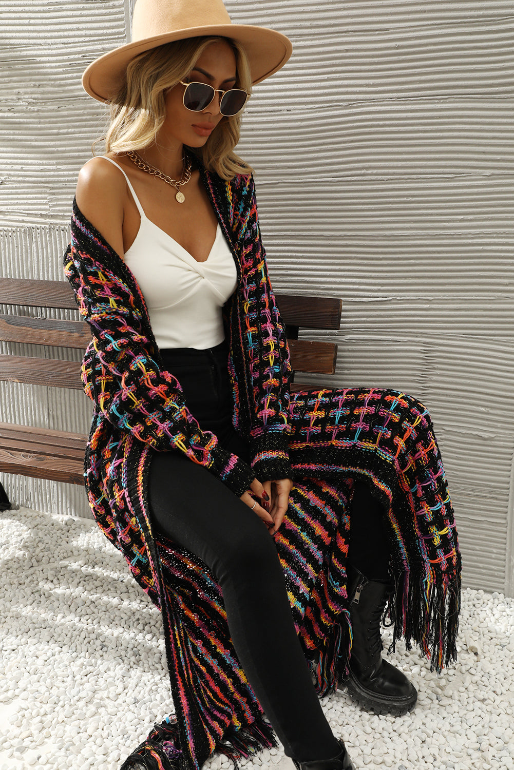 Multicolour Plaid Fringe Hem Long Knit Cardigan