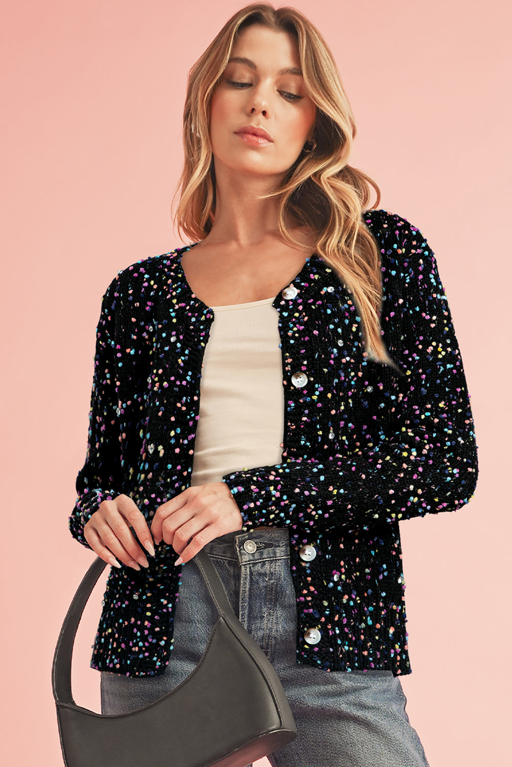 Black Confetti Knit Cropped Cardigan